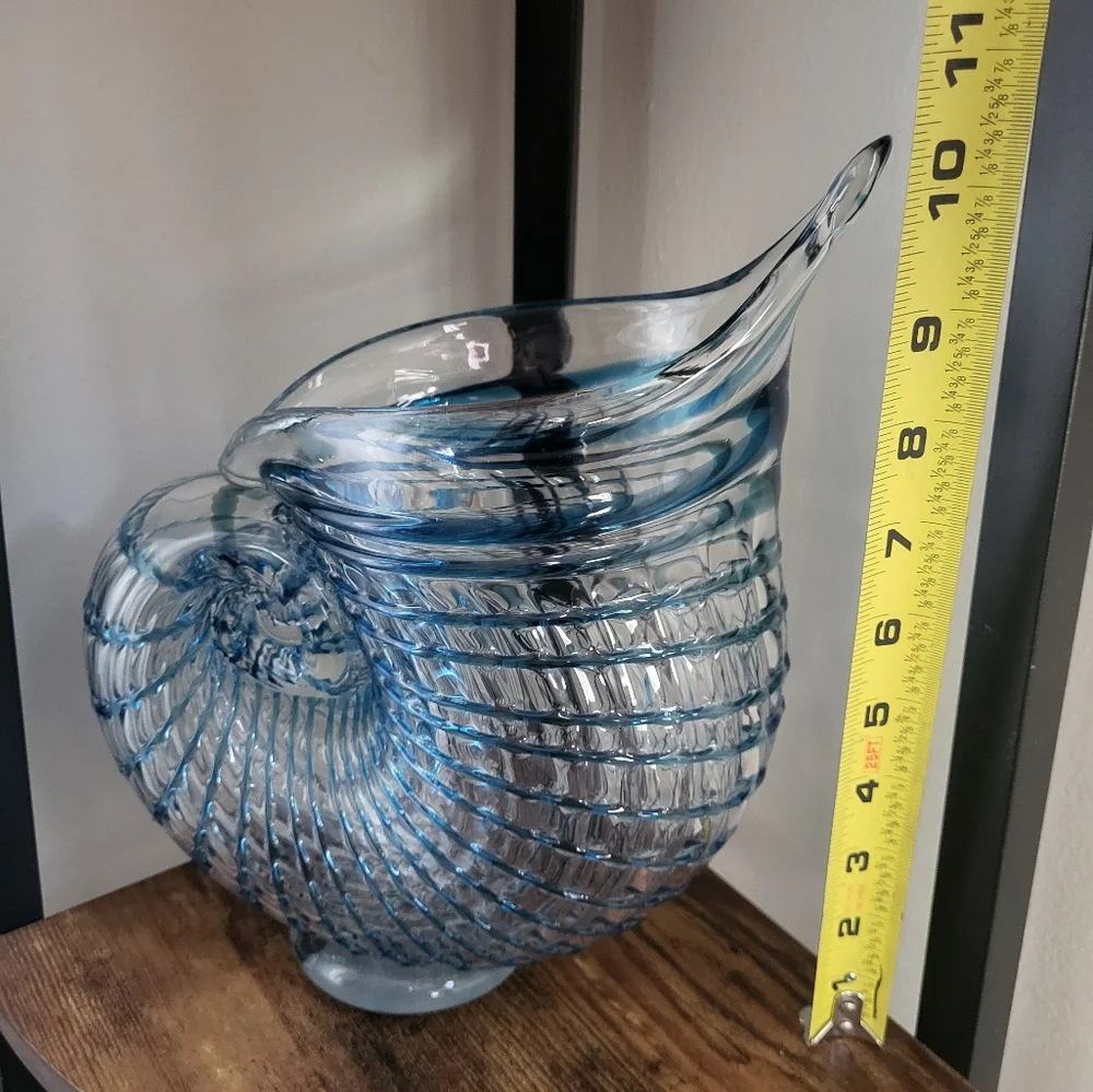 Blown‎ Glass Blue Shell Conch Beach Nautilus Vase Statement Decor Whimsical